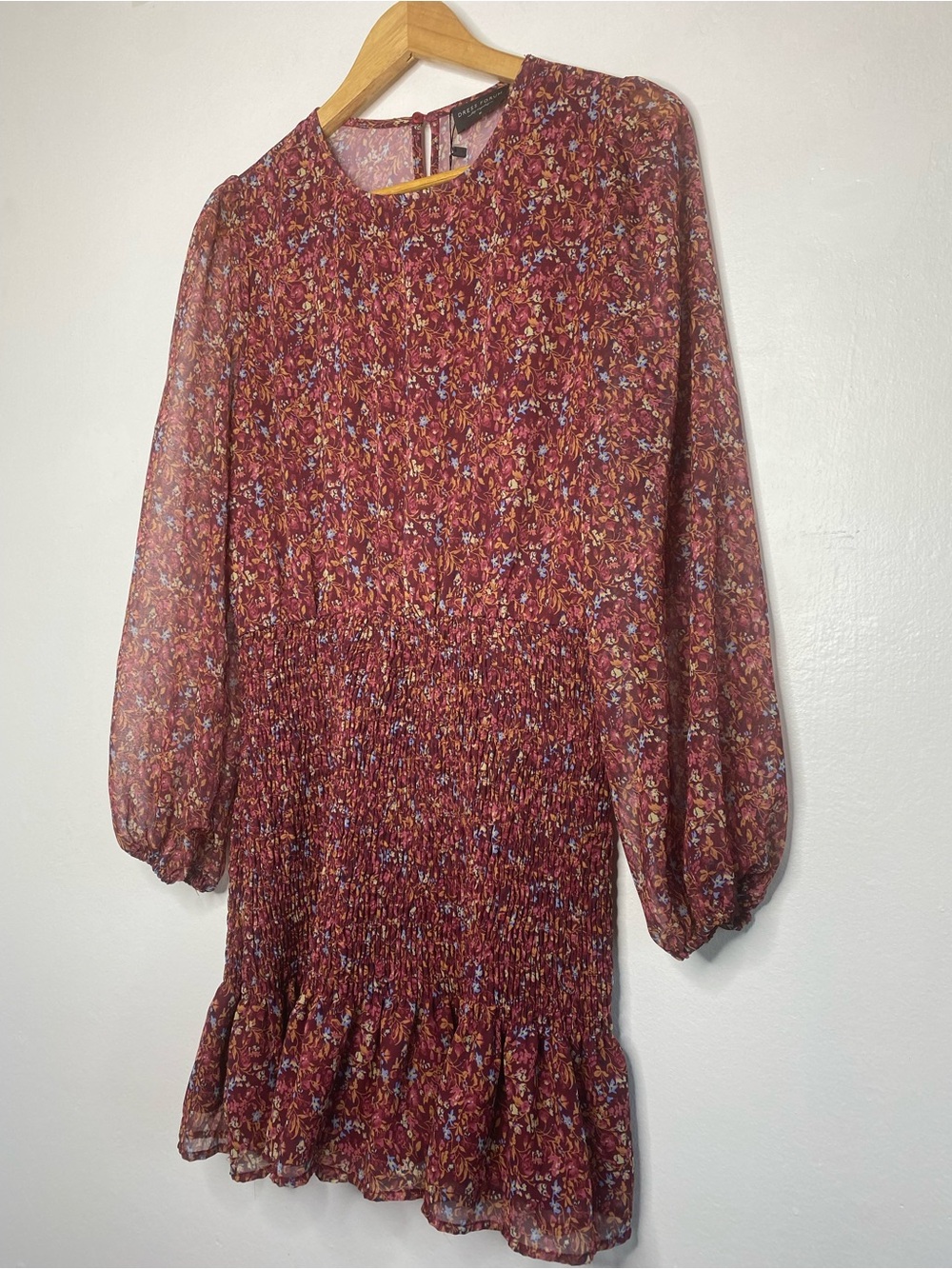 NWT Smocked ruffle mini dress floral Balloon Long sleeve Size M Maroon Wine - Picture 7 of 10